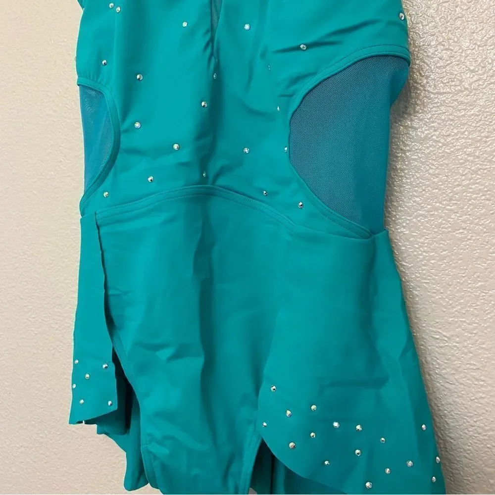 WEISSMAN Ivy Sky Dance Costume teal aqua blue Crystal Back Panel Dress D10928 LC